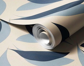 Papel de Parede Elegante com Folhas Azuis - Mural Removível Abstrato Botânico em Tons de Azul Marinho e Sálvia