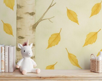 Papel de Parede Aquarela com Folhas de Outono de Bétula | Decoração de Parede Autoadesiva