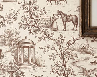 Equestrian Estate Toile Wallpaper with Sepia Horses, Floral Vines and Romantic English Countryside Scenes