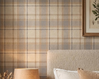 Heatherstone-Karotapete, warmes Beige-Taupe-Tartan, elegante Wanddekoration im englischen Landhausstil