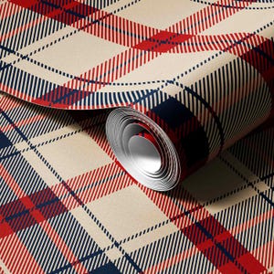 May include: A roll of wallpaper featuring a classic plaid pattern with intersecting lines in deep navy blue and vibrant red set against a neutral beige background. The design consists of wide and thin stripes creating a repeating grid motif.