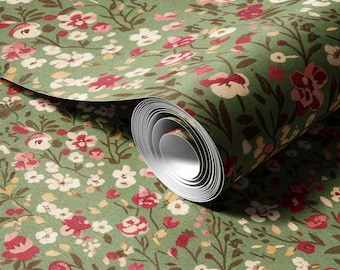 Sage Green Floral Wallpaper | Vintage Ditsy Pink Wildflower Peel & Stick Roll