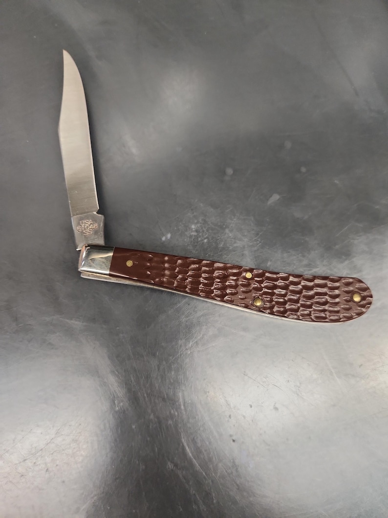 May include: A folding pocket knife with a single silver-toned steel blade and a dark brown handle featuring a textured, reptilian-like pattern. The handle is secured with three small brass-colored rivets and a polished silver bolster near the blade.