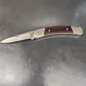 May include: A folding pocket knife with a silver-toned metal blade and a handle featuring dark brown wood grain inlays. The blade is stamped with the text BUCK and U.S.A. near the pivot point, and the handle is secured with two silver metal rivets.