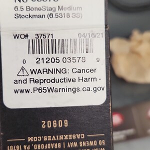 May include: A black product box for a 6.5 BoneStag Medium Stockman knife, model 6.5318 SS. The label displays the text No 03578, a barcode, and a California Proposition 65 warning. The bottom includes the W.R. Case & Sons Cutlery Co. address.