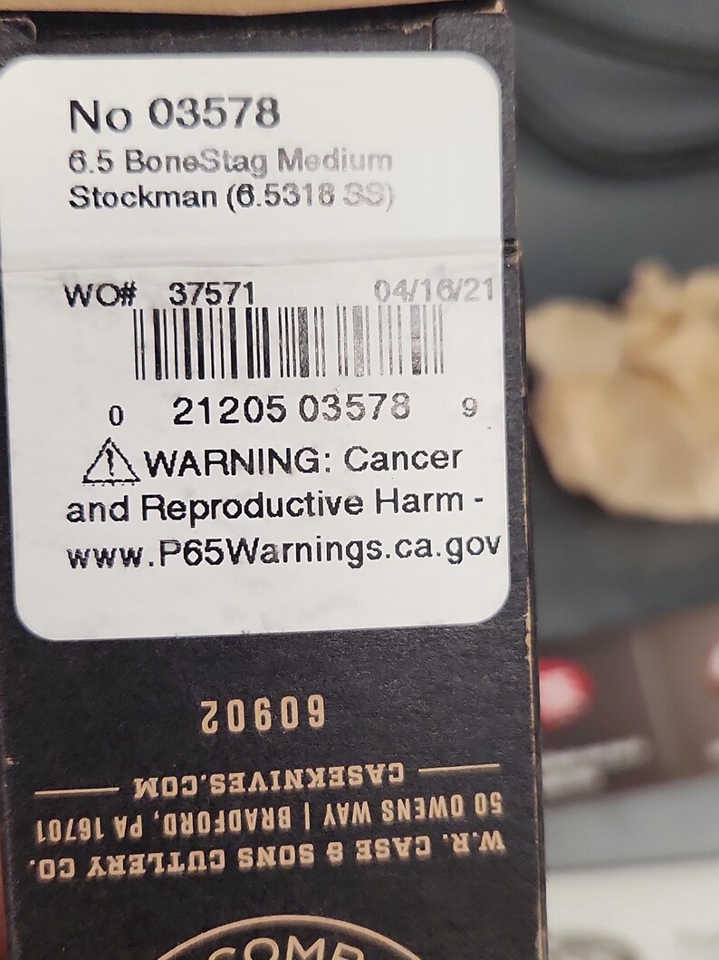 May include: A black product box for a 6.5 BoneStag Medium Stockman knife, model 6.5318 SS. The label displays the text No 03578, a barcode, and a California Proposition 65 warning. The bottom includes the W.R. Case & Sons Cutlery Co. address.