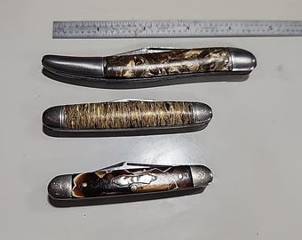 3 vintage 'copper swirl'-zakmessen uit de jaren 1940/50 met camouflagekleuren. Imperial en Hammer Brand