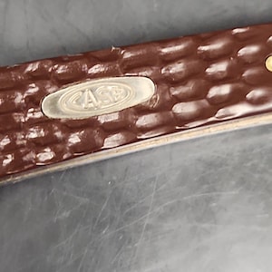 May include: A brown pocket knife handle featuring a textured, dimpled surface and an oval-shaped silver-colored metal inlay embedded in the center. The inlay displays the word CASE in embossed capital letters with a horizontal line through it.