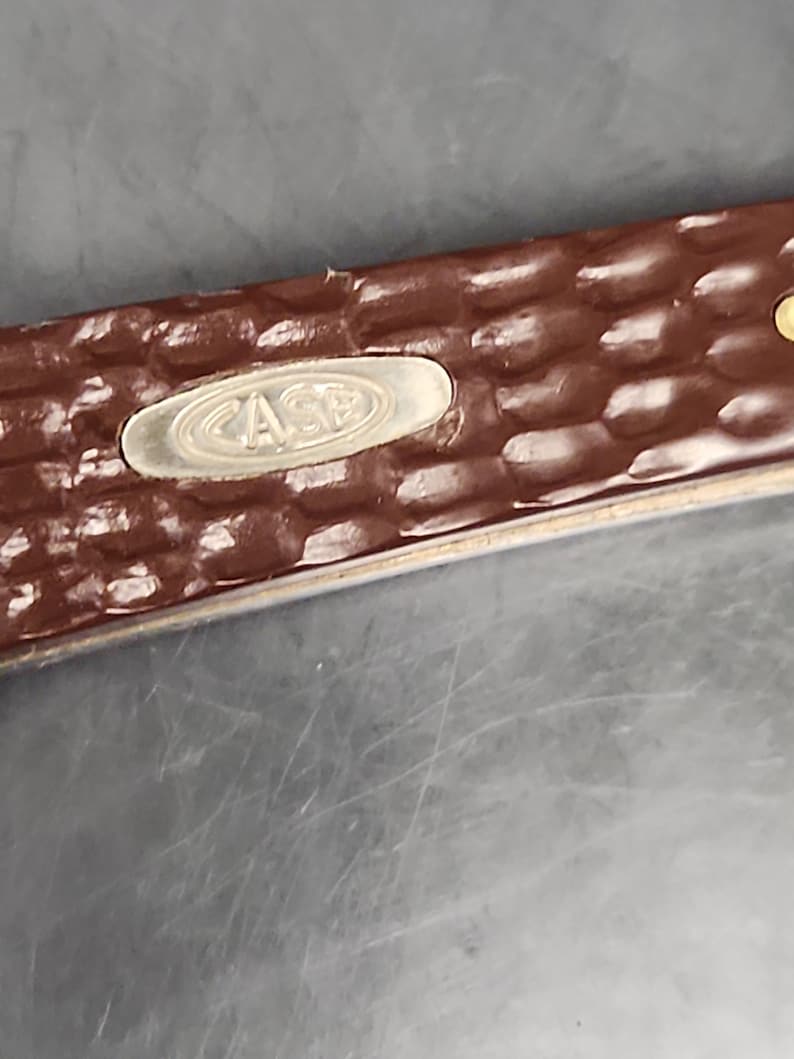 May include: A brown pocket knife handle featuring a textured, dimpled surface and an oval-shaped silver-colored metal inlay embedded in the center. The inlay displays the word CASE in embossed capital letters with a horizontal line through it.