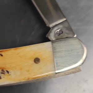 May include: A folding pocket knife featuring a cream-colored handle with brown mottled patterns and a single brass pin. The metal bolster is brushed silver, and the blade base is stamped with the letters SS in a clear, dark font.