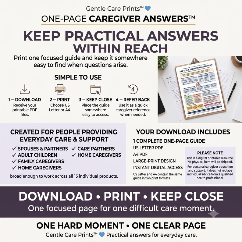 Op de afbeelding: Een digitale printbare zorggids getiteld One-Page Caregiver Answers van Gentle Care Prints. Het document bevat instructies voor het downloaden, printen en gebruiken van de gids, samen met een afbeelding van het document op een klembord.