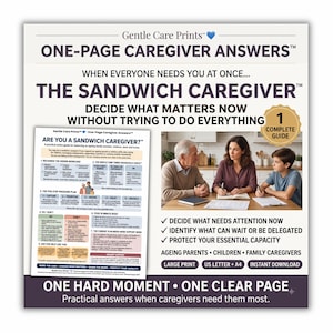 Op de afbeelding: Een digitale gids getiteld One-Page Caregiver Answers met The Sandwich Caregiver. Het document bevat een drukplan van vijf stappen, een reset van tien minuten en een checklist voor het in balans houden van zorgtaken voor familieleden.