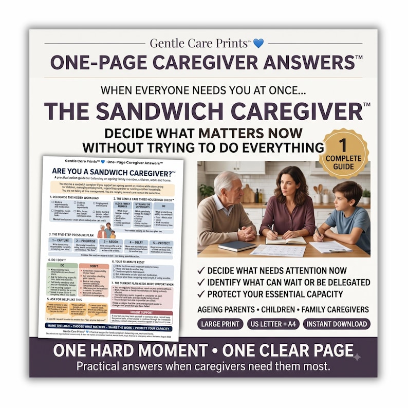 Op de afbeelding: Een digitale gids getiteld One-Page Caregiver Answers met The Sandwich Caregiver. Het document bevat een drukplan van vijf stappen, een reset van tien minuten en een checklist voor het in balans houden van zorgtaken voor familieleden.