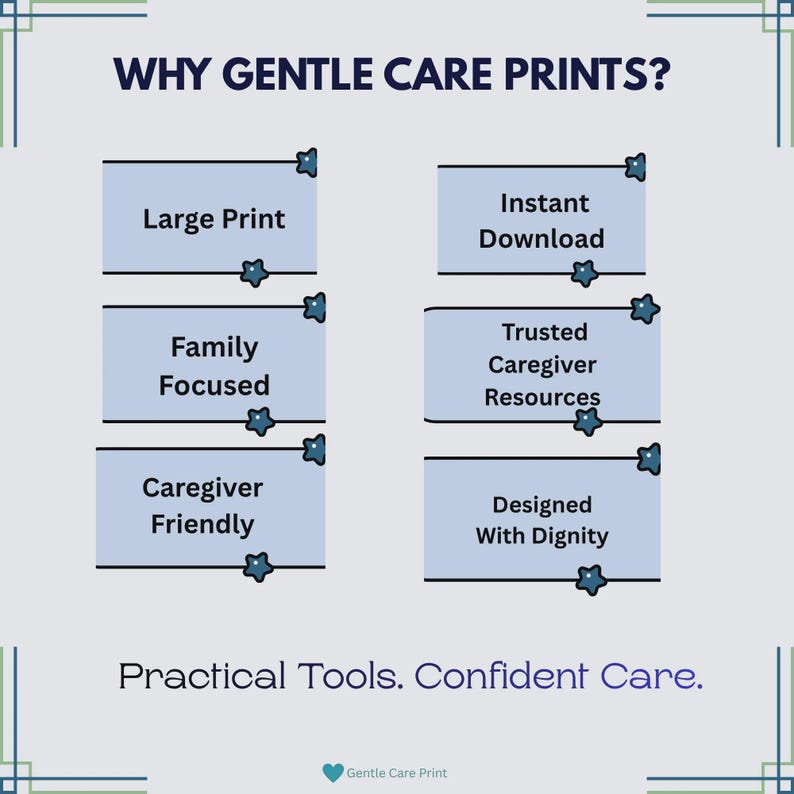 May include: A light gray informational graphic titled WHY GENTLE CARE PRINTS? featuring six light blue rectangular boxes with dark blue star accents. The text includes Large Print, Instant Download, Family Focused, Trusted Caregiver Resources, Caregiver Friendly, Designed With Dignity, and the tagline Practical Tools. Confident Care.