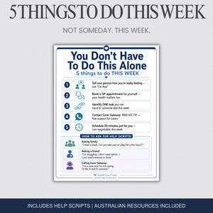 May include: A white informational poster with dark blue text titled You Don't Have To Do This Alone. It lists 5 things to do this week with numbered icons and includes a section for how to ask for help with scripts for family, friends, and Carer Gateway.