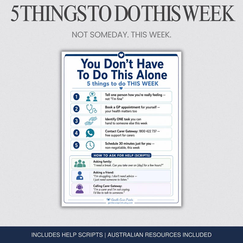 May include: A white informational poster with dark blue text titled You Don't Have To Do This Alone. It lists 5 things to do this week with numbered icons and includes a section for how to ask for help with scripts for family, friends, and Carer Gateway.