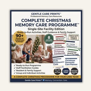 Könnte beinhalten: Ein vollständiges Weihnachts-Gedächtnispflegeprogramm von Gentle Care Prints für Einrichtungen. Enthält über 90 Seiten an Ressourcen, 8 Leitfäden, Personalhilfen und Familienunterstützung, begleitet von einem Foto mit weihnachtlichen Aktivitäten.