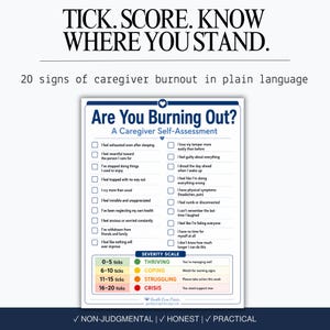 May include: A white caregiver self-assessment checklist titled Are You Burning Out? featuring 20 checkboxes for symptoms, a severity scale with color-coded categories from thriving to crisis, and the text TICK. SCORE. KNOW WHERE YOU STAND.