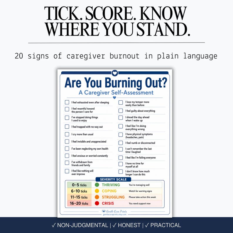 May include: A white caregiver self-assessment checklist titled Are You Burning Out? featuring 20 checkboxes for symptoms, a severity scale with color-coded categories from thriving to crisis, and the text TICK. SCORE. KNOW WHERE YOU STAND.