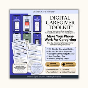 May include: A digital caregiver toolkit guide featuring step-by-step smartphone instructions. The graphic displays icons for medication reminders, emergency SOS, and shared calendars, with text detailing iPhone and Android compatibility.