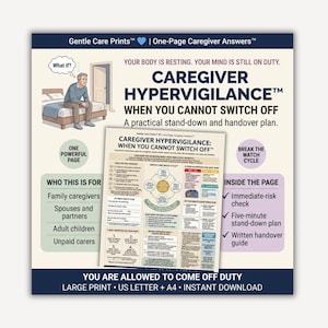 May include: A digital document titled Caregiver Hypervigilance: When You Cannot Switch Off, featuring a practical stand-down and handover plan. The layout includes a graphic of a person sitting on a bed, a central cycle diagram, and text sections outlining caregiver support strategies, intended for family caregivers, spouses, partners, and adult children.