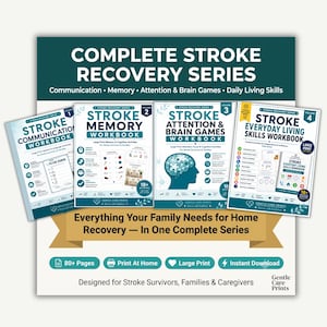 May include: A four-volume workbook set titled Complete Stroke Recovery Series, featuring workbooks for communication, memory, attention, brain games, and everyday living skills. The covers are teal and white with text and icons for home recovery.