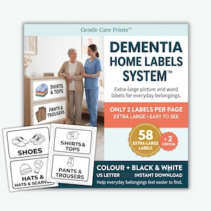 以下が含まれることがあります： Gentle Care PrintsのDementia Home Labels System。58枚の特大ラベルと2枚のカスタムラベルが含まれています。日用品用のカラーおよび白黒オプション付き。USレターサイズの用紙に対応したインスタントダウンロード形式の製品です。