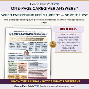 Op de afbeelding: Een wit informatiedocument getiteld Are You a Sandwich Caregiver? met een praktische handleiding voor het balanceren van familie en werk. De pagina bevat secties over de verborgen werkdruk, een actieplan in vijf stappen en een tien-minuten reset.