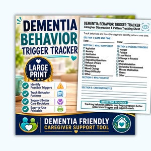 May include: A Dementia Behavior Trigger Tracker printable sheet with sections for date, time, behaviors, and triggers. The document features a large print gold seal and lists benefits like identifying triggers and tracking patterns for caregivers.