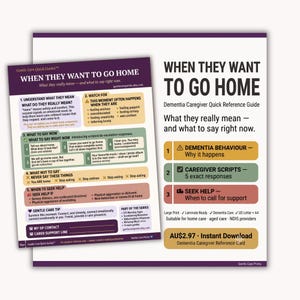 May include: A dementia caregiver quick reference guide titled When They Want To Go Home. The document features a purple header, numbered sections with colored boxes, and instructional text for caregivers. It includes sections on understanding behavior, scripted responses, and when to seek help.