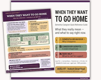 Wat te zeggen als mantelzorger? Scripts | Dementie begrijpen | Reactiegids 'Ik wil naar huis' | Gentle Care Quick Guides™ Afdrukbare PDF A4 US Letter