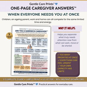Op de afbeelding: Een digitaal document getiteld Gentle Care Prints One-Page Caregiver Answers, met een gids voor mantelzorgers. Het bevat secties over de verborgen werkdruk, een huishoudcheck, een stappenplan onder druk en een korte reset voor de dagelijkse zorg.