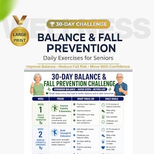 Pode incluir: Um gráfico de desafio de 30 dias para equilíbrio e prevenção de quedas para idosos. O documento apresenta um título em letras grandes, um cronograma semanal de exercícios e metas diárias com ícones e texto detalhando os exercícios.