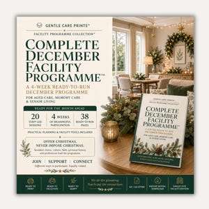 May include: A digital flyer and book cover titled Complete December Facility Programme for aged care, memory care, and senior living. It features text details about 20 staff-led sessions, 4 weeks of participation, and 38 ready-to-run pages.