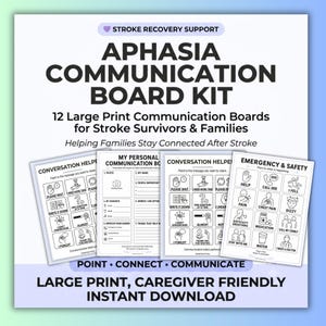 May include: Aphasia communication board kit featuring 12 large print boards for stroke survivors and families. The kit includes boards with icons for conversation, personal details, and emergency safety, with text labels like Please Wait, Need More Time, and Help.
