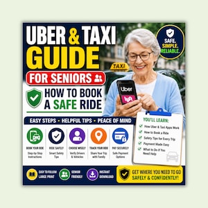 Guide för samåkning för seniorer | Säkerhetstips för bokning av Uber-taxi för äldre | Steg-för-steg-instruktioner i stor stil | Utskrivbar PDF för vårdgivare