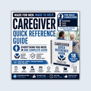 Op de afbeelding: Een spiraalgebonden Caregiver Quick Reference Guide met een witte kaft, blauwe tekst en een hartpictogram. De gids bevat 18 praktische pagina's, dagelijkse checklists, gezondheidsmonitoring, medicatiebeheer en een afsprakenplanner.