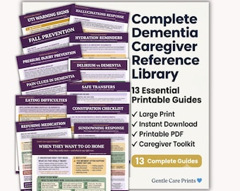 Complete naslagbibliotheek voor mantelzorgers van mensen met dementie | 13 klinische snelgidsen | Gentle Care Quick Guides™ printbare PDF A4 US Letter