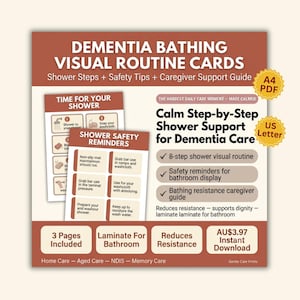 Dementia Shower Visual Routine Cards | Bathing Step By Step Guide | Shower Chart Safety Reminders | Large Print Caregiver Printable PDF