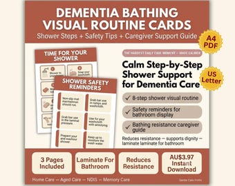 Dementia Shower Visual Routine Cards | Bathing Step By Step Guide | Shower Chart Safety Reminders | Large Print Caregiver Printable PDF