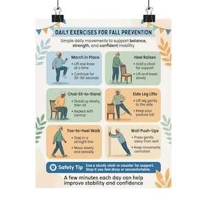 Op de afbeelding: Een poster getiteld "DAGELIJKSE OEFENINGEN VOOR VALPREVENTIE" met illustraties van oefeningen. De oefeningen omvatten marcheren op de plaats, hielheffen, stoel-zit-staan, zijwaartse beenheffingen, teen-tot-hiel-wandeling en muur-push-ups. Tekst geeft instructies.