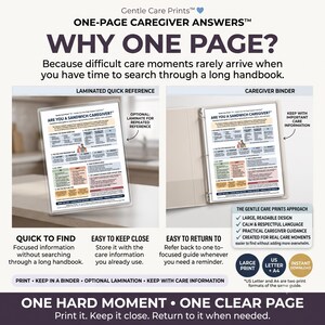 Op de afbeelding: Een Gentle Care Prints informatiegids getiteld Why One Page?, bestaande uit een gelamineerd naslagblad en een zorgmap. Het document bevat secties over mantelzorg, een stappenplan voor druk en praktische tips voor zorgverleners.