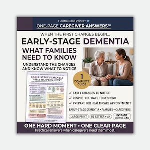 May include: A digital information sheet titled Early-Stage Dementia: What Families Need to Know. It features a guide for caregivers, a photo of two people talking, and text detailing early changes, response strategies, and healthcare preparation.