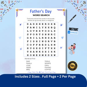 Peut inclure: Un jeu de mots pour la fête des pères avec un design bleu et blanc. Le puzzle comprend des mots comme "DAD", "FAMILY" et "LOVE". L'image comprend également un stylo, une icône de téléchargement et un badge de garantie de satisfaction.