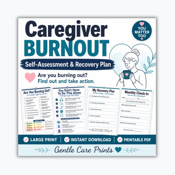 Caregiver Burnout Checklist | Self Care Recovery Plan | Family Caregiver Stress Relief | Dementia Stroke Caregiver Wellness | Printable PDF