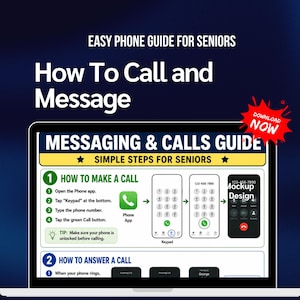 Op de afbeelding: Een laptopscherm toont een gids met de titel "How To Call and Message" voor senioren. De gids bevat stapsgewijze instructies met illustraties over het bellen en beantwoorden van oproepen, met een "Download Now"-afbeelding.
