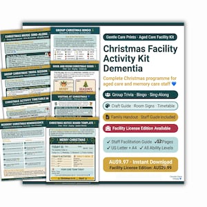 May include: A digital Christmas facility activity kit for dementia care, featuring multiple printable pages including a music sing-along, group bingo, trivia session, activity timetable, resident reminiscence sheets, and a Christmas notice board template.