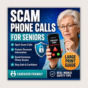 Pode incluir: Um guia digital intitulado SCAM PHONE CALLS FOR SENIORS com uma pessoa segurando um smartphone exibindo um alerta de Unknown Caller Potential Scam. O gráfico inclui um ícone de escudo com cadeado, marcas de verificação e Large Print Guide.