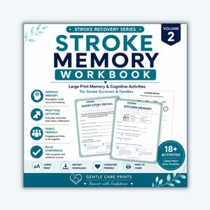Op de afbeelding: Een Stroke Memory Workbook, deel 2 van de Stroke Recovery Series, met geheugen- en cognitieve activiteiten in groot lettertype voor beroertepatiënten en hun families, voorzien van iconen voor diverse oefencategorieën.