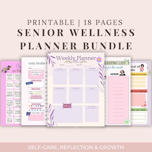 Könnte beinhalten: Ein druckbares Senior Wellness Planer-Bundle mit 18 Seiten. Der Planer enthält einen Wochenplaner, tägliche Gesundheitsseiten, eine Leseliste und Seiten für die Selbstpflege. Das Design zeigt florale Akzente und Pastellfarben.